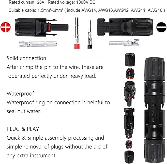 4 Pairs Solar for Connector Y Branch Parallel Adapter Cable Wire Plug 2 to 1 Male Female Connectors (M/FF, F/MM) for Solar Panel with PV Cable Clips