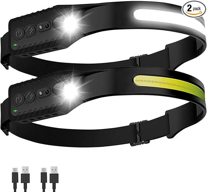 Headlamp Rechargeable (2-Pack), LED Head Lamp Flashlight, 230° Wide Beam Headband Light, 400 Lumen Super Bright, USB-C Rechargeable Lightweight Headlight for Running, Fishing, Hiking, Camping