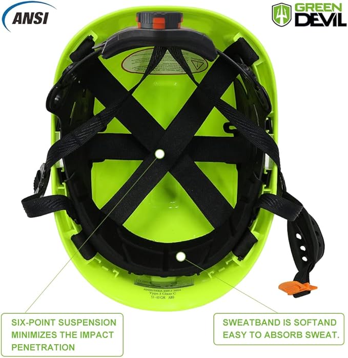 GREEN DEVIL Safety Helmet Hard Hat with Visor Chinstrap Adjustable Lightweight Vented ABS Work Helmet for Men and Women 6-Point Suspension ANSI Z89.1 Approved Ideal for Industrial & Construction