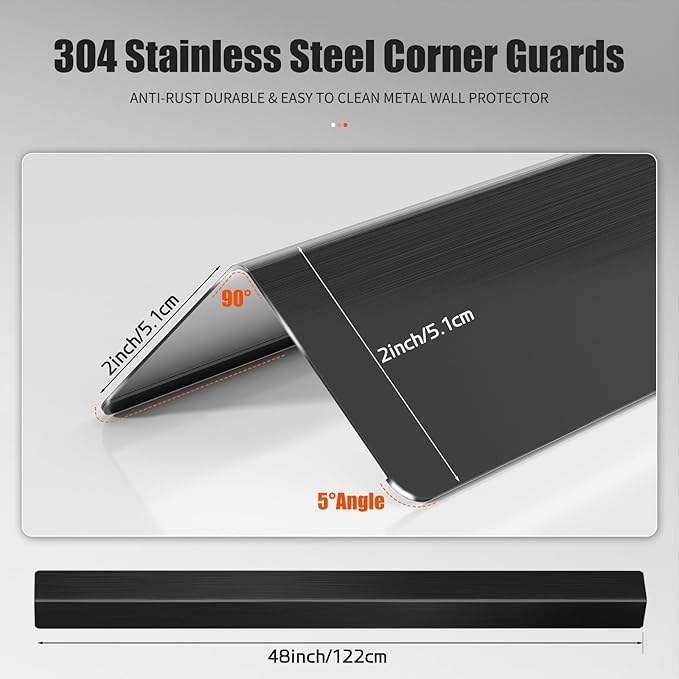 2x2x48 Inch 304 Stainless Steel Wall Corner Guards (10-Pack) Heavy Duty Rounded Corner Protector, Smooth Folded Edge Design for Wall Protection Black Guard Stainless Steel Slab