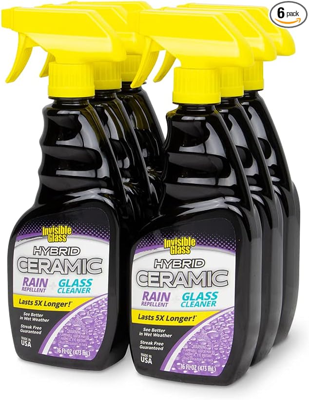 Invisible Glass 92183-6PK Hybrid Ceramic Rain Repellent and Glass Cleaner – Cleans & Protects Car Windows and Windshields with Long-Lasting Water-Repellent Si02 Technology – 16 fl oz (Pack of 6)