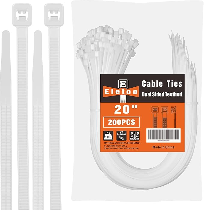 20 Inch White Long Zip Ties Heavy Duty 200 Pack, 2025 New Patented Design, 100 LBS Tensile Strength, Self-Locking Nylon PA66 UV Resistant Cable Ties for Indoor and Outdoor Use