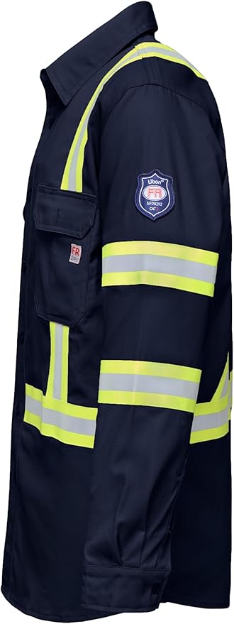 Ubon FR Shirts for Men High Visibility Welding Shirt 100% Cotton Button Down Long Sleeve Safety Workwear 6.5 oz