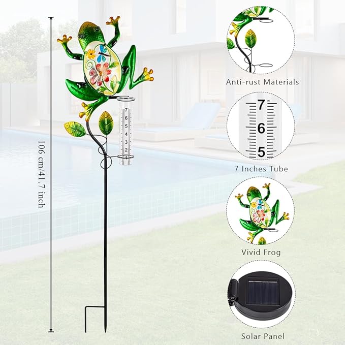 Solar Rain Gauge Outdoor, Frog Rain Gauge, 7 Inch Tube Decorative Rain Measure Gauge with Metal Stake, Solar Powered Stained Glass Rain Measure Tool for Garden