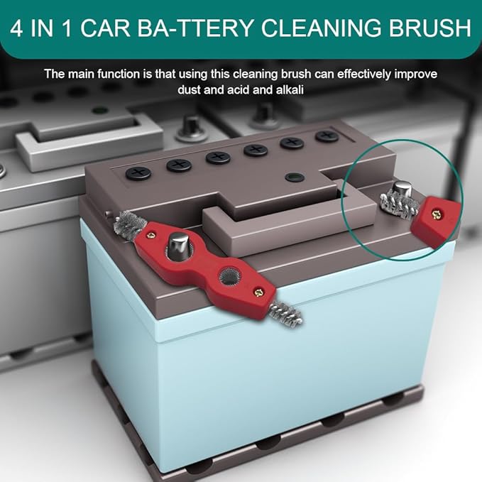 4 in 1 Car Battery Cleaning Brush, Battery Terminal Cleaner, Anti-Rust Car Terminals Machine Parts Cleaning Tool with Steel Wire, Auto Post Cleaner Brush Tool Fit for Vehicle & Marine (Red)