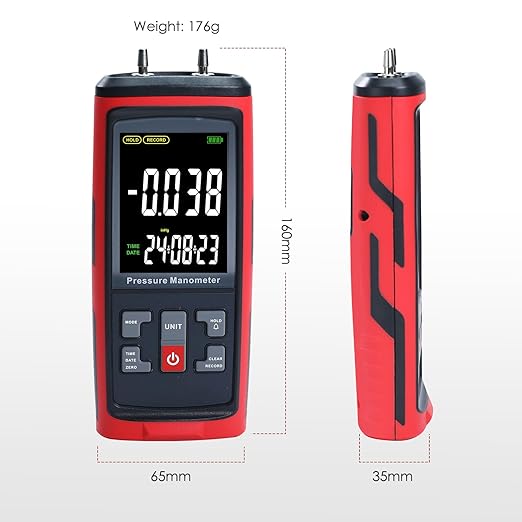 Manometer Data Logger, Dual-Port Digital Manometer Gas Pressure Tester Support PC Data Records, 13 Selectable Units Differential Pressure Gauge Manometer HVAC with Large LCD Screen
