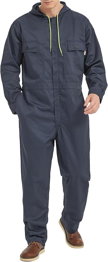 Mens Cotton Blend Long Sleeve Coverall Multi Pockets Zip Overall Mechanic Work Jumpsuit with Hood