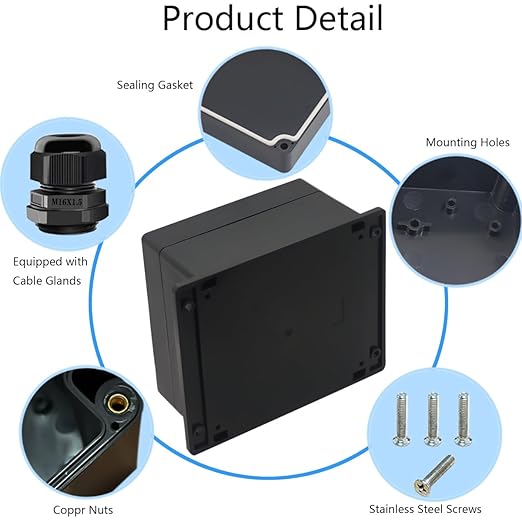 Junction Box IP65 Waterproof ABS Plastic Electrical Project Case Power Junction Boxes, Project Box with Fixed Ear Black 6.30x6.30x3.54 inch (160 x 160 x90 mm)