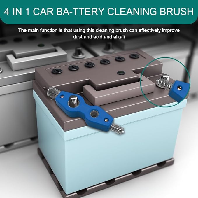 4 in 1 Car Battery Cleaning Brush, Battery Terminal Cleaner, Anti-Rust Car Terminals Machine Parts Cleaning Tool with Steel Wire, Auto Post Cleaner Brush Tool Fit for Vehicle & Marine (Blue)