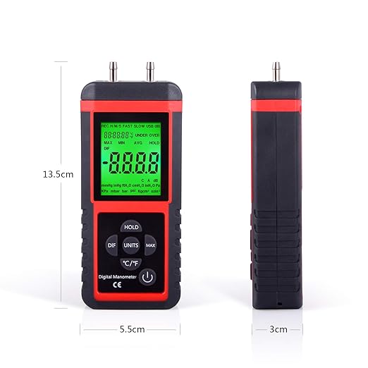 EHDIS Manometer, Professional Air Pressure Meter, Dual-Port HVAC Digital Manometers Gas Pressure Tester Differential Gauge