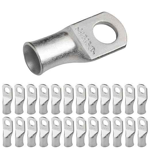 SELTERM 25pcs 1/0 AWG 3/8" Stud Marine Grade Tinned Copper Battery Cable Lugs, 0 Gauge Ring Terminals, UL Wire Lugs Electrical Battery Cable Ends, Tinned Copper Lugs Battery Terminal Connectors