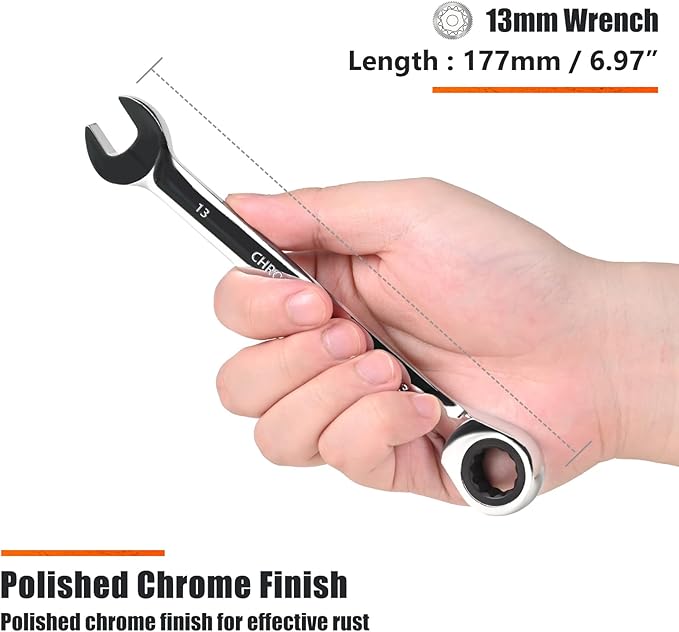 Egofine 13mm Ratcheting Combination Wrench Metric, Industrial Grade Gear Spanner with 12-Point Design, 72-Tooth Ratchet, Chrome Vanadium Steel