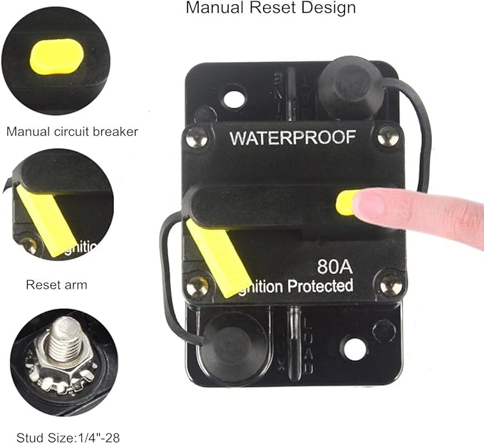 80 Amp Circuit Breaker 12V- 48V DC Manual Reset Fuse for Trolling Motor Rv Marine Boat Vehicles System Protection Waterproof (80A)
