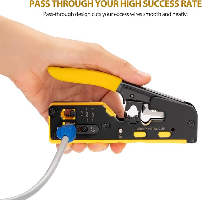 RJ45 Crimp Tool Pass Through Kit - Professional Complete Ethernet Crimping tool kit with Tester 30 Cat6 Connectors & Covers for Cat5/Cat5e/Cat6/Cat7/Cat8