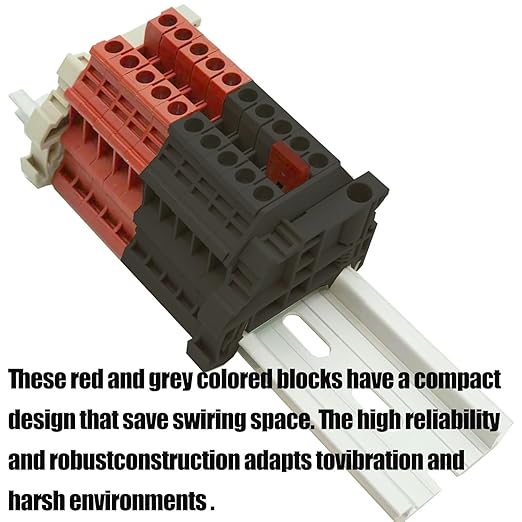UL Red/Grey 10 Gang DIN Rail Terminal Blocks, with (8) 2P Jumpers,Dinkle DK4N 6-20 AWG, 60 Amp, 600 Volt