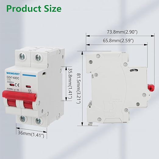 Wengart DC Miniature Circuit Breaker DZ47-63Z,500V 2 Poles 40A,Work for Battery and Solar PV Systems and Other DC Systems, DIN Rail Mount, Disconnect Switch
