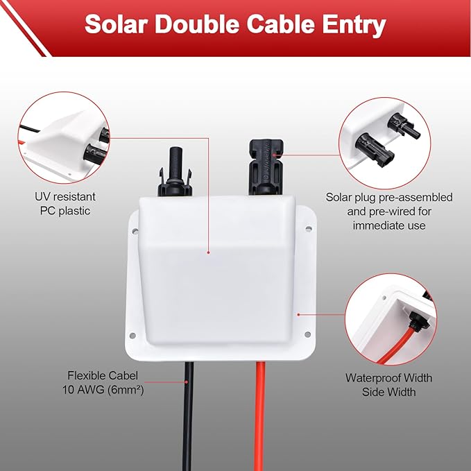 Waterproof Double Cable Entry Gland with 10Ft 10AWG Soft Copper Cable,UV Resistance Dual Cable Entry Housing for Rv, Boat,Camper (with 10ft Cable)