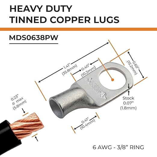 SELTERM 25pcs 6 AWG 3/8" Stud Marine Grade Tinned Copper Battery Cable Lugs, 6 Gauge Ring Terminals, UL Wire Lugs Electrical Battery Cable Ends, Tinned Copper Lugs Battery Terminal Connectors