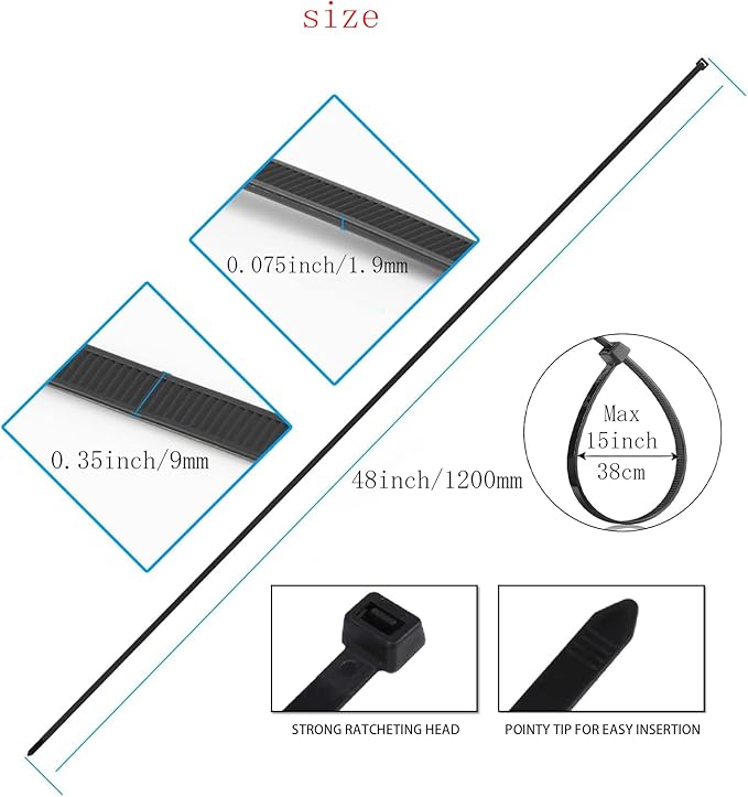 48 Inch Extra Long Zip Ties Heavy Duty For Outdoor Use,175 Pounds Tensile Strength,UV Resistant,9 Pieces,Black