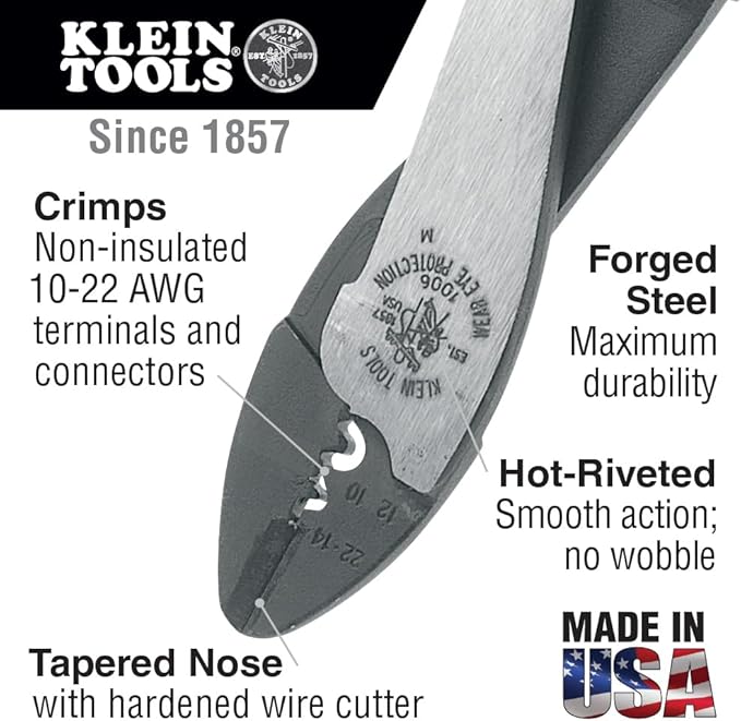 Klein Tools 1006 Cutting/Crimping Tool, Made in USA, Crimps 10 to 22 AWG Solderless Terminals and Connectors, with Wire Cutter in Tapered Nose