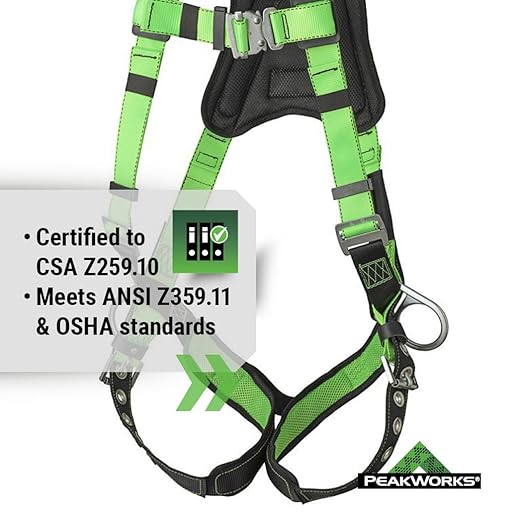 PeakWorks PeakPro Series Safety Harness - Full Body Safety Harness - CSA & ANSI Compliant Fall Protection - 310 lbs Capacity - Universal Size (Multiple Classes & Leg Buckle Types)