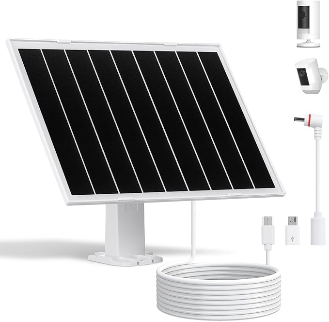 8W Solar Panel for Security Camera,Waterproof Outdoor Solar Charger with DC&Micro USB&USB-C Port for Ring/Eufy/Wyze Rechargeable Battery Camera, 9.5ft Cable, 360° Adjustable Bracket