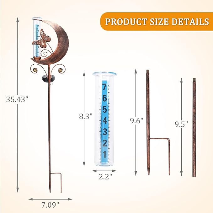 WONDER GARDEN Solar Rain Gauge Outdoor, Decorative Moon Butterfly Rain Gauges Outdoors Best Rated, Freeze Proof Water Rain Measure Gauge for Yard Patio Lawn Garden Decor