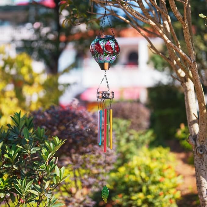 Cardinal Wind Chimes for Outside,Solar Wind Chimes with Solar Lights,Hanging Wind Chime Deep Tone,Windchimes Outdoor,Memorial Wind Chime for Mom,Outdoor Windchime for Loss of Loved One