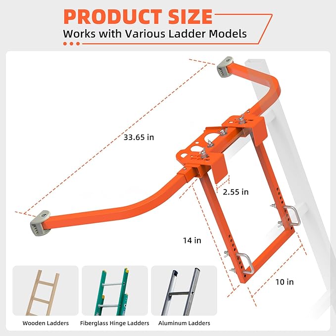 Ladder Stabilizer,Heavy Duty Steel Extension Ladder Stabilizer for Roof Gutter and Wall with Anti-Slip Rubber Feet,Ladder Standoff with Wing Span/Wall Extension Accessory(Orange)