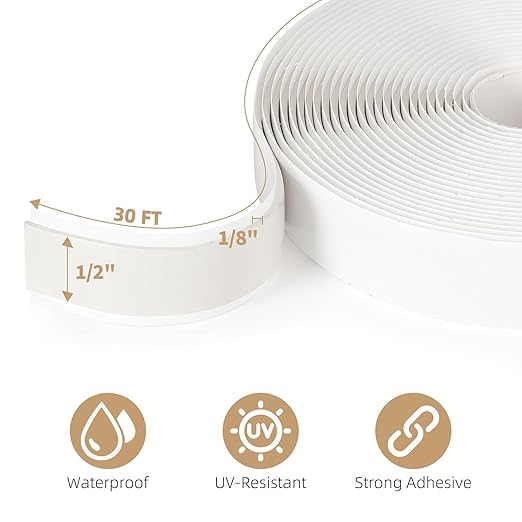 Butyl Tape White 1/2" x 30 Ft None Hardening Premium Butyl Caulk Tape for RV Window Glazing Roofing Leak Opening Pipe Plumbing Fixture EPDM Roof Patching(1 Pack)