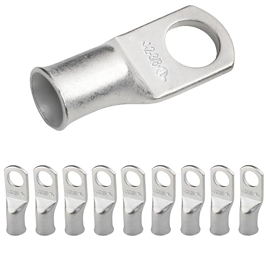 SELTERM 10pcs 2 AWG-3/8" Stud Tinned Copper Wire Lugs, Heavy Duty Battery Cable Ends,2 Gauge Ring Terminals, UL Battery Lugs Marine Grade Copper Eyelets Electrical Battery Terminal Connectors