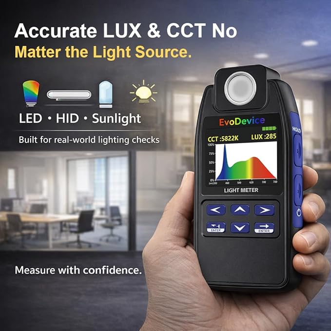 E130 Light Meter – Accurate Lux & Color Temperature (CCT) for Any Light Source, 99-Point Light Mapping, Hold Freeze, Spectrum Mode Accurate for 420/450nm White LEDs