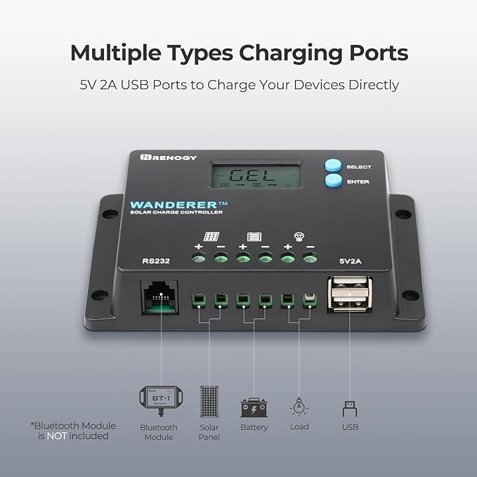 Renogy 10A Solar Controller with Wireless BT-1 Module-12V/24V PWM + App Monitoring, IP32/IP54 Waterproof for RV/Marine/Off-Grid Lithium Systems