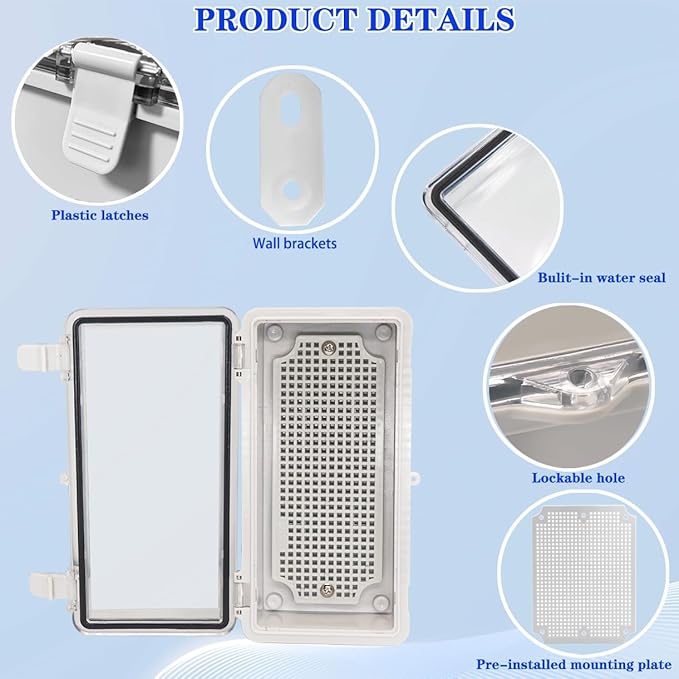 Waterproof Outdoor Electrical Box Junction Box Weatherproof IP67 ABS Plastic Enclosure Switch Router Project Box with Mounting Plate with Wall Bracket 2 Cable Glands Clear 7.9"x3.9"x2.8"