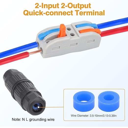 Linkstyle 10PCS Waterproof IP68 Junction Box, Outdoor 2 Way Electrical Cable Connector, with Replaceable Lever Wire Connectors for AWG 28-12 Gauge Wire 2 in 2 Out Quick Terminal