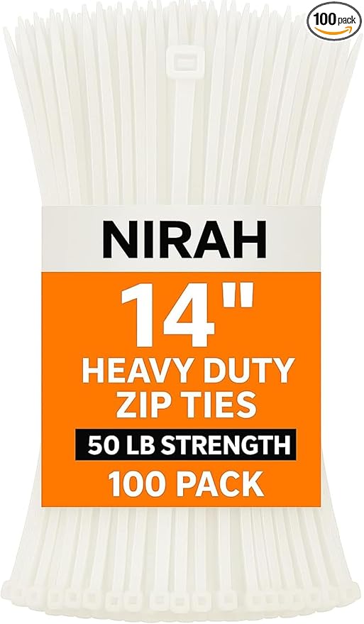 Zip Ties 14 inch Clear White, 50 lbs Strength, UV resistant, Self-locking, Multi-purpose Long Cable Ties, Wire Ties Heavy Duty Tie Downs for Office, Home, Outdoors, Cable Management by Nirah