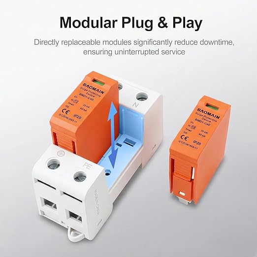 Baomain 2P (1P+N) Surge Protective,1000V DC 40kA,BMD1-C40 Single-Phase SPD with Neutral Protection,for Solar Charge Controllers and Industrial DC Circuits,DIN Rail Mounting,Flame Retardant Housing