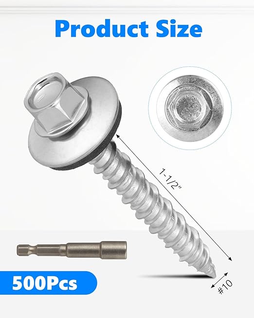 Hex Head Roofing Screws #10 × 1-1/2 Inch, 500Pcs Zinc Plated Self Tapping Metal Roof Screws with Rubber Washers for Corrugated Roofing Panels (Hex Socket Included)