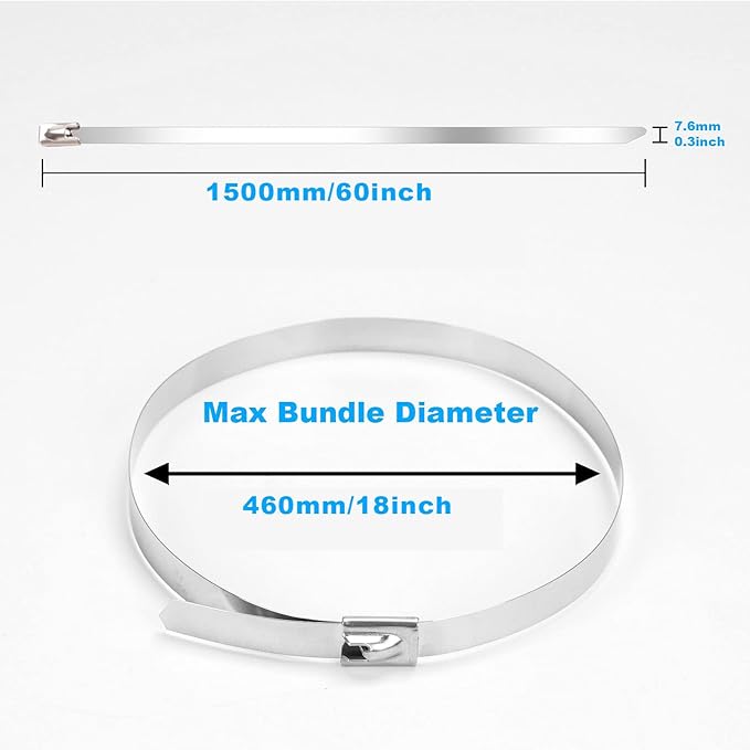 Metal Zip Ties, 60 Inch Extra Long 390Lb Stainless Steel Cable Ties, Heavy Duty Self-Locking Strap Ties, Strength for Exhaust Wrap, Garden Ties, pipes, Outdoor UV Resistant Large Tie Wraps 30 Pcs