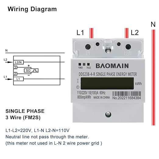 Baomain DDS238-4-R DIN Rail Single-Phase Three-Wire Kilowatt Hour kwh Meter 10A(100A),110V/220VAC,60Hz,LCD Display Energy Meter for AC Systems