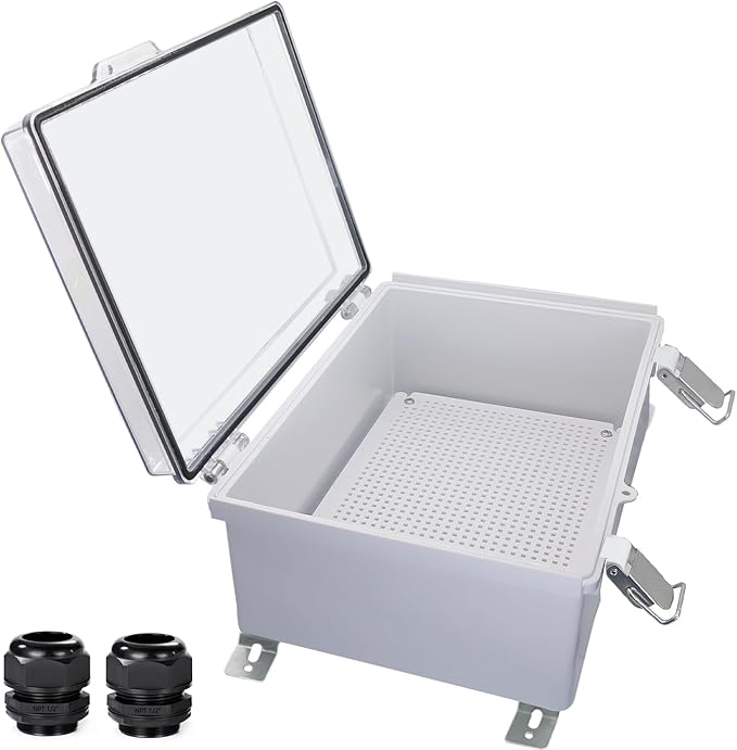 Waterproof Outdoor Electrical Box Junction Box Weatherproof IP67 ABS Plastic Enclosure Switch Router Project Box with Mounting Plate with Wall Bracket 2 Cable Glands Clear 13.8" x 9.8" x 5.9"