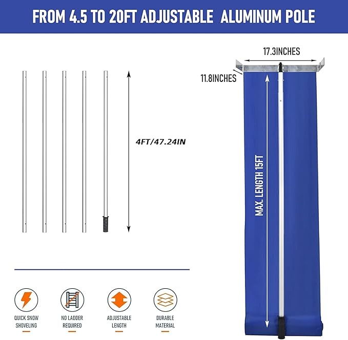 Premium 20 Feet Aluminum Snow Rake with Anti-Skid Handle & Snow Slide - Efficiently Remove Snow, Leaves, and Debris