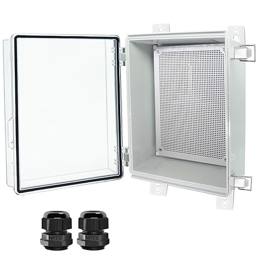 Junction Box, Hinged Clear Cover Stainless Steel Latch IP67 Waterproof ABS Project Box with 2 Cable Glands,Electrical Box Enclosure with Mounting Plate & Wall Bracket 15.7x11.8x7.1inch
