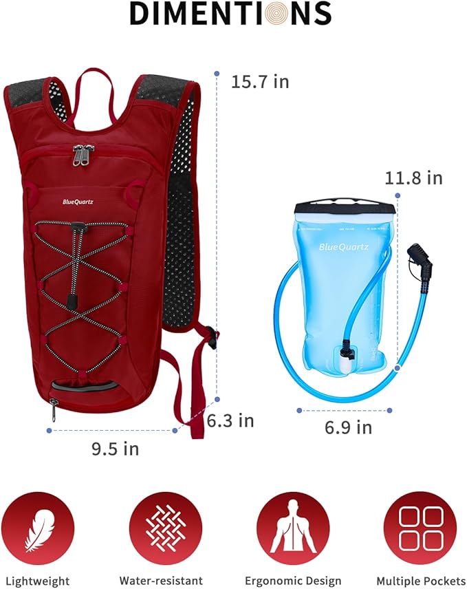 Blue Quartz Hydration Backpack with 2L Water Bladder, Hiking Water Backpack for Women Men, Lightweight Cycling Daypack with Phone Pocket & Helmet Net Bag, Hydration Pack for Biking, Running, Skiing