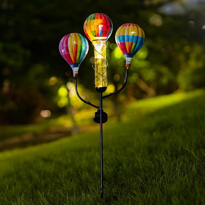 Solar Rain Gauge, Hot Air Balloon Rain Gauge Outdoor, Metal Rain Measure Gauge with 7 Inch Tube, Decorative Rainfall Measurement for Patio, Lawn, Garden