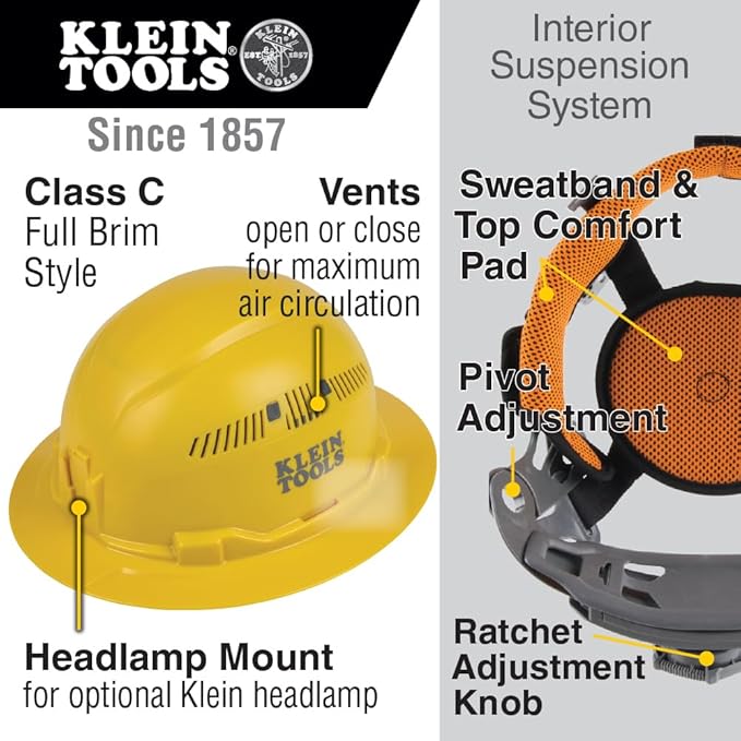 Klein Tools 60262 Hard Hat, Vented, Full Brim Style, Padded Self-Wicking Odor-Resistant Sweatband, Yellow