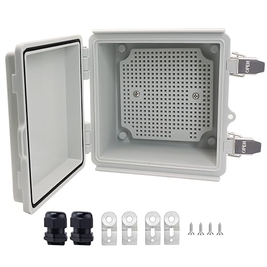 Waterproof Junction Box, ABS Plastic Electrical Box with Stainless Steel Latch, Hinged Cover Electric Project Enclosure Box with Mounting Plate, Wall Brackets & Cable Gland 5.9"x5.9"x3.5"