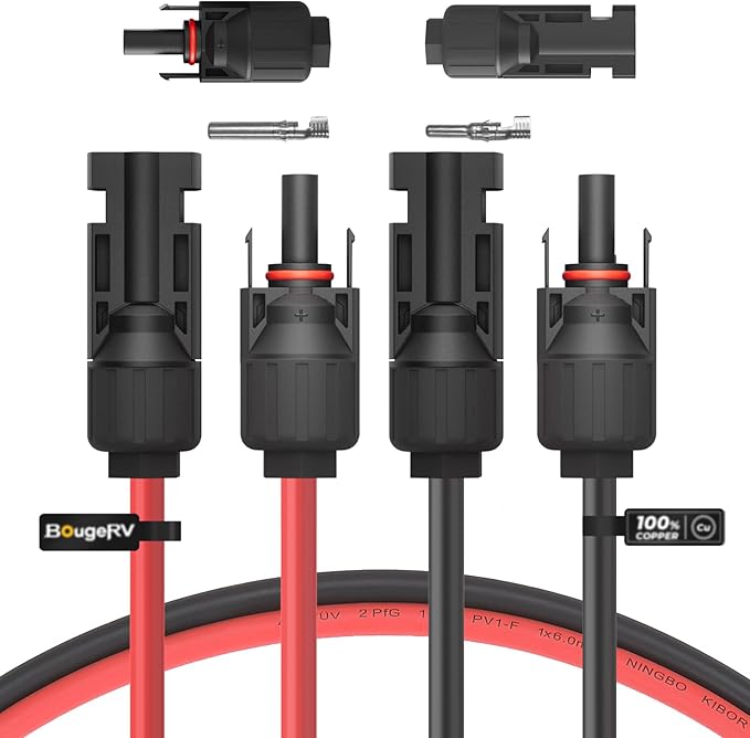 BougeRV 50 Feet 10AWG Solar Extension Cable with Solar Connector on Both End with Extra Pair of Connectors Solar Panel Adaptor Kit Tool (50FT Red + 50FT Black)