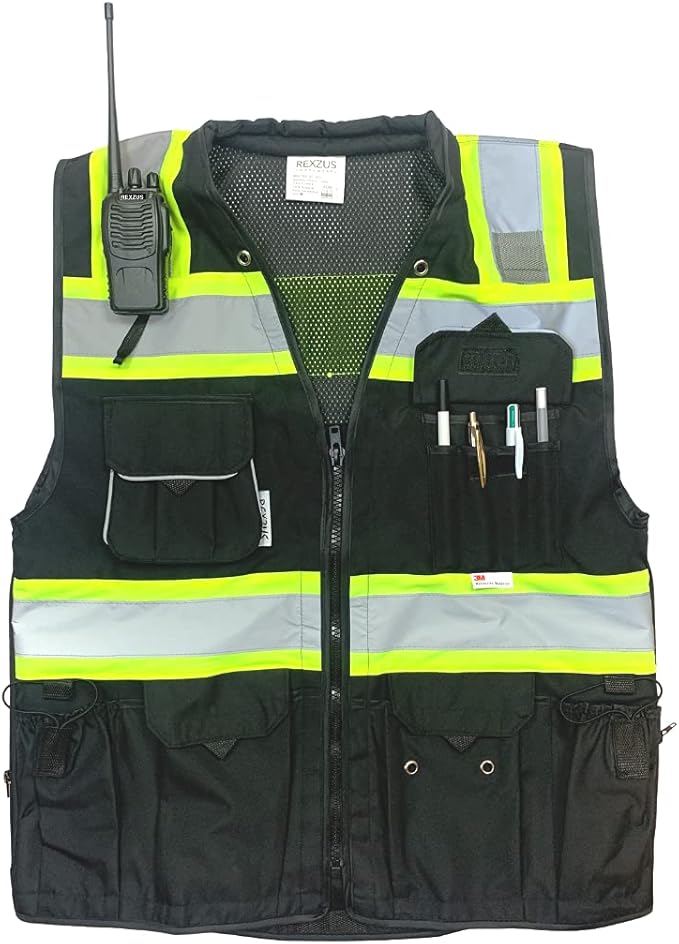 Safety Vest for Men - Black Series with Zipper and Utility Pockets - Premium Surveyors Vest (L, Black)