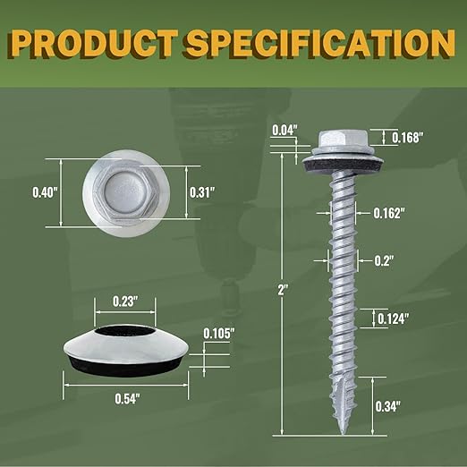 LIONMAX Metal Roofing Screws #10 × 2 Inch, 300-PCS, Rustproof Coating Hex Head Sheet Metal to Wood Siding Screw with Rubber Washer, Sharp Point, Hex Socket Included